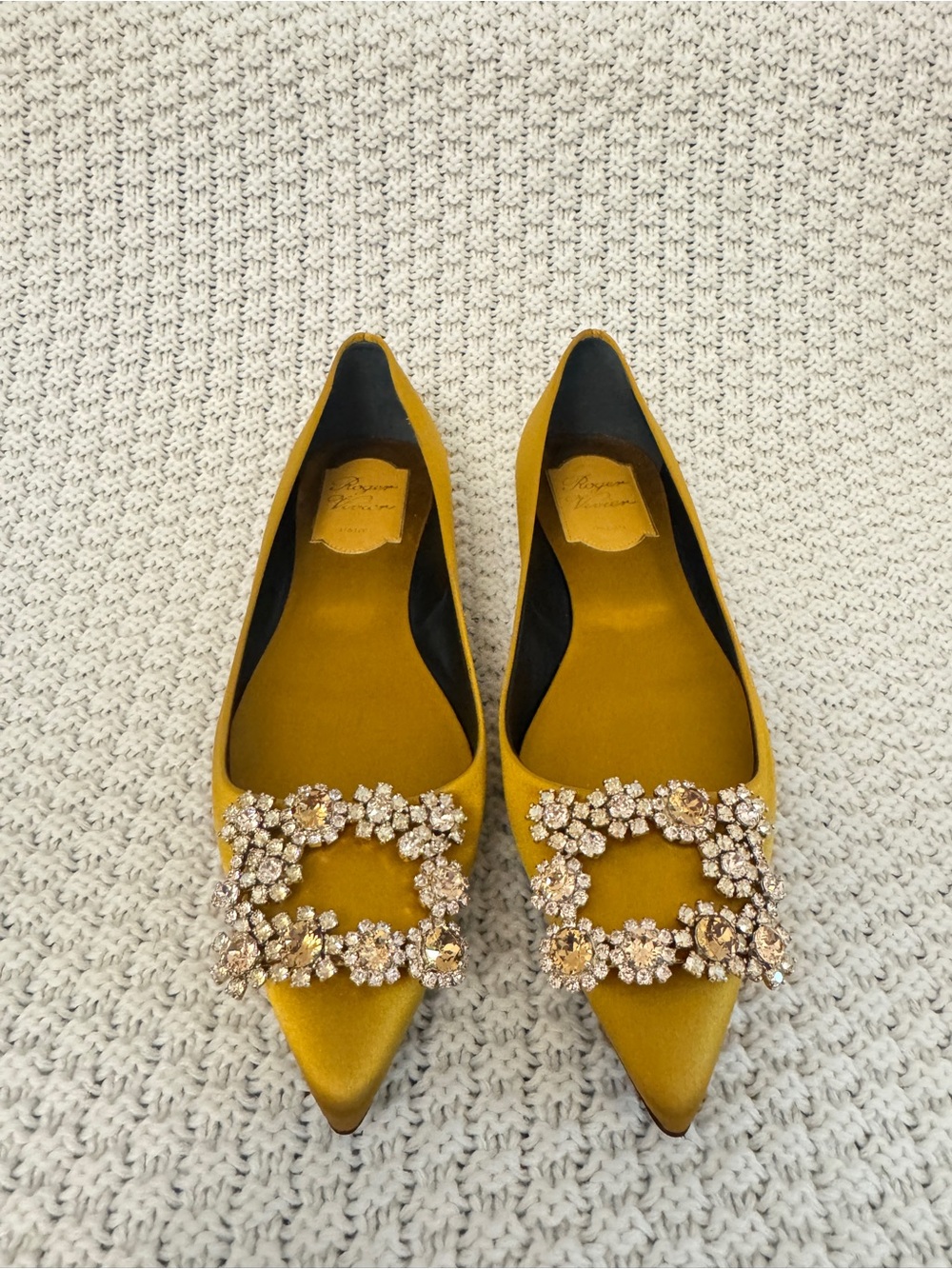 Roger Vivier Mustard Satin Pointed Flats with Crystal Buckle